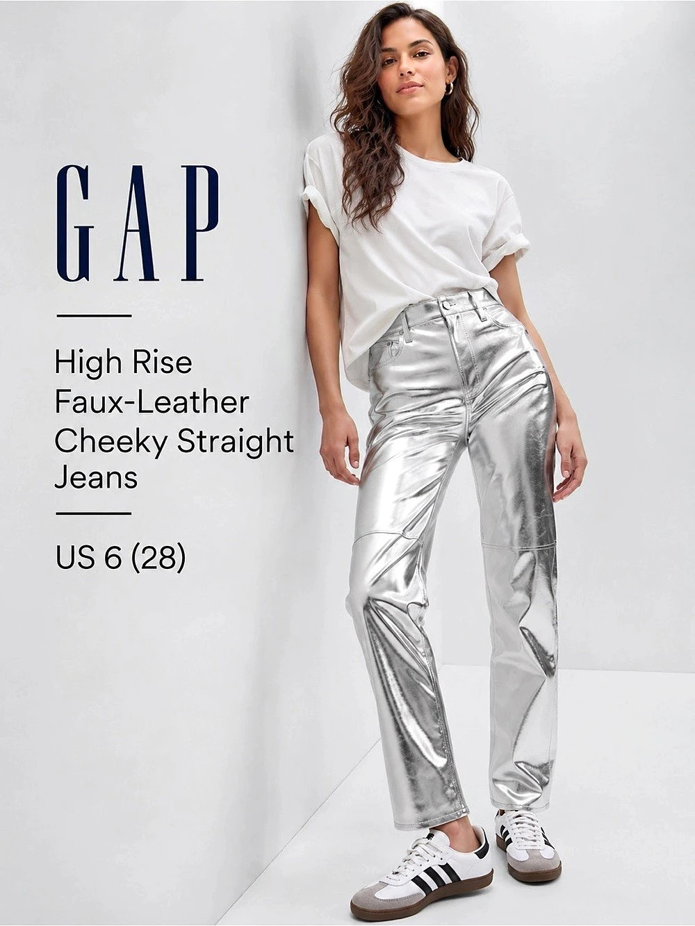 GAP High Rise Faux-Leather Cheeky Straight Jeans Silver Metallic Size 28 / 6 NWT